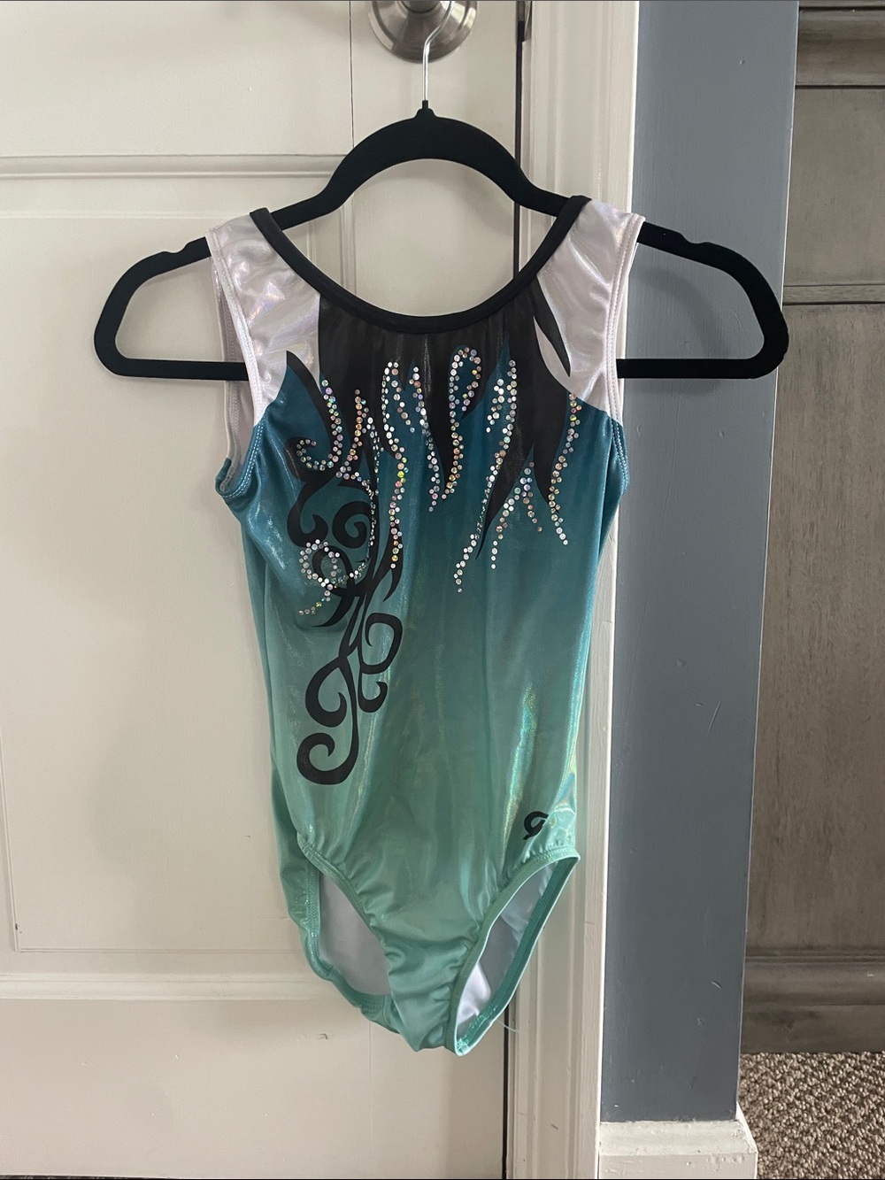 GK Teal Ombre Rhinestone Gymnastics Leotard with White and Black Accents